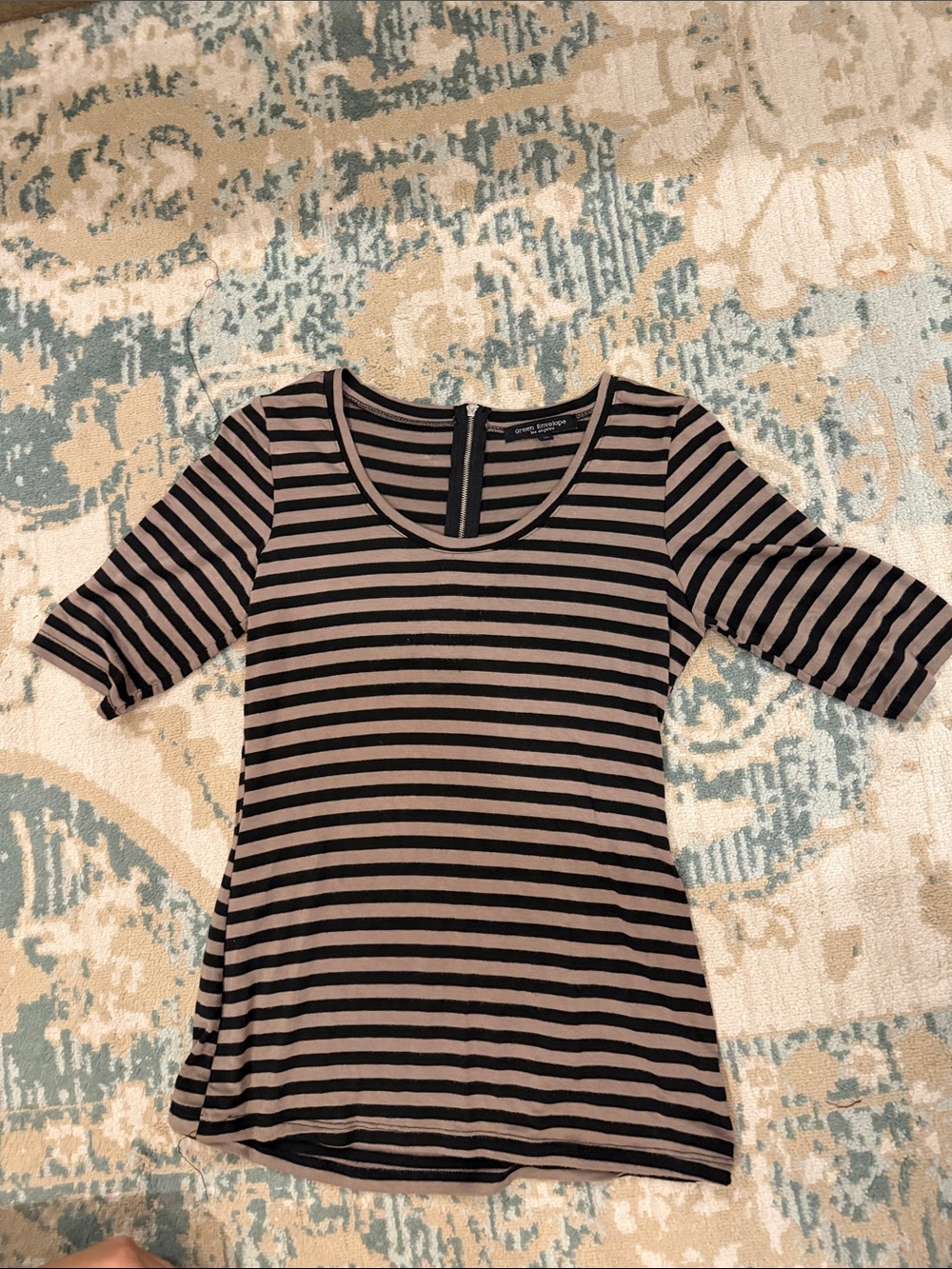 Green Envelope Black and Taupe Striped Short Sleeve Scoop Neck Top